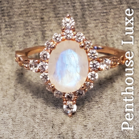 Penthouse Luxe Jewelry - REAL Moonstone Radiant Oval Cut Halo Ring
